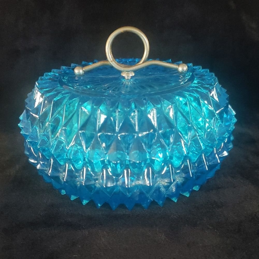 Vintage Blue Lead Crystal Candy Dish Trinket Dish w/ Lid
